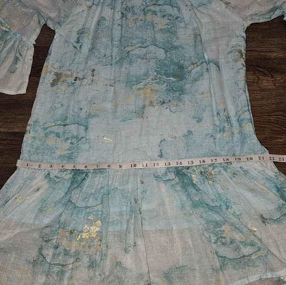 Debbie Katz Nalai Tunic Aqua Metallic Block Print Midi Dress Sz M Cottagecore - Picture 13 of 16